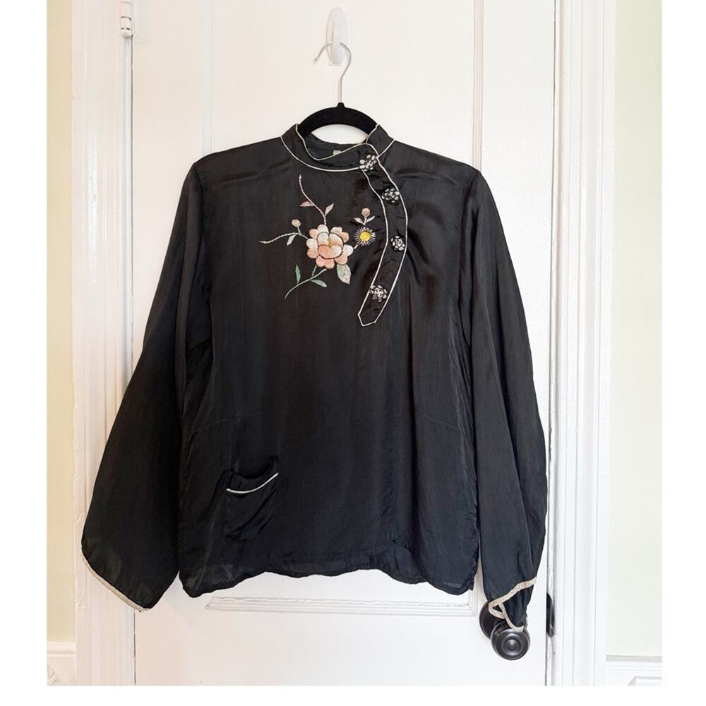 Vintage Black Floral Embroidered Blouse